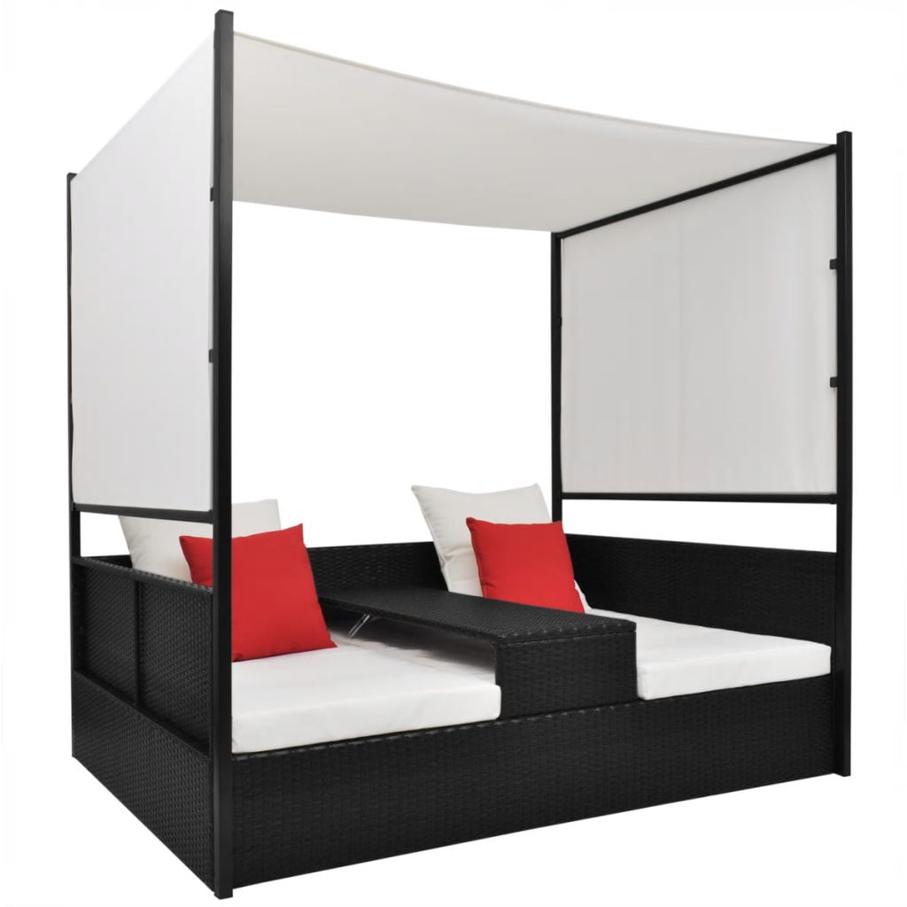 Kepooman Outdoor Rattan Double Chaise with Canopy & Bed Coffee Table, Black Kepooman Outdoor Rattan Double Chaise with Canopy & Bed Coffee Table, Black
