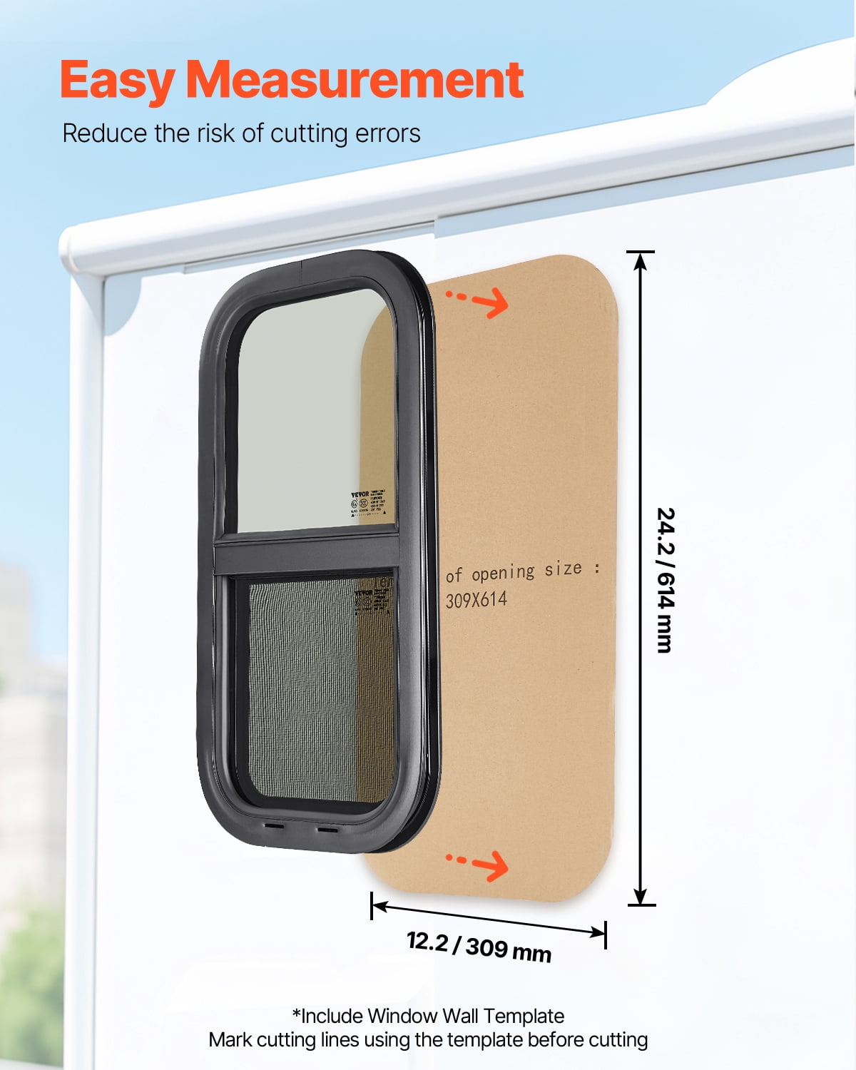 VEVOR Vertical RV Window, 12" W x 24" H Tinted Sliding RV Window with Net Screen & Trim Ring, Fit 15/16" - 1 3/4" Thickness Wall,RV Window Replacement for Teardrop Cargo Trailer Camper,DOT Approved