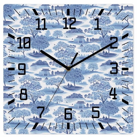 Wall Clock Blue Forest Operated Square Clocks Wooden Silent Non-Ticking Wallclock 10 Inch Garden Landscape Plant Wood Wall Clock for Living Room Bedroom Office Shool Home Decor