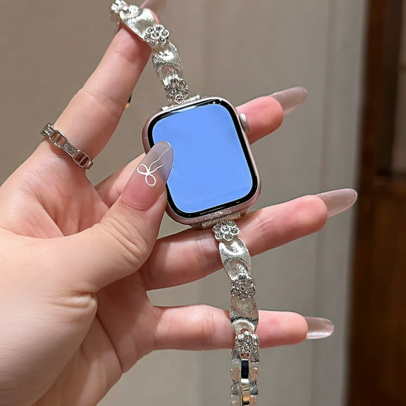 Bands Compatible for iWatch Series 10 9 8 7 6 5 4 SE 3 2 1 42mm 44mm 45mm 46mm for Women Girls, Seashell Flower Design Slim Metal Dressy Chain Bracelet for Apple Watch Ultra 49mm, Silver