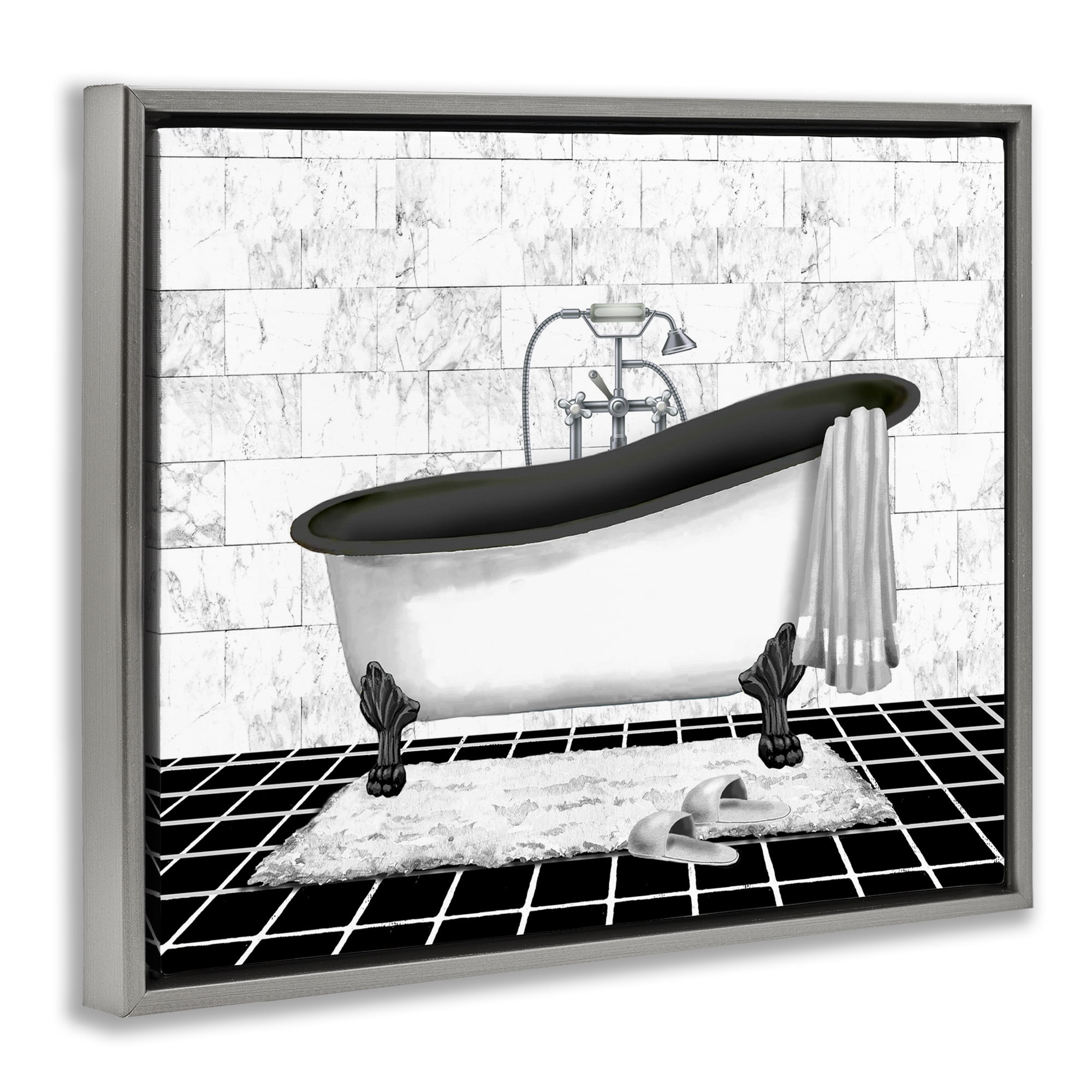 Stupell Industries Marble Pattern Bath Typography Painting Gray Floater Framed Canvas Art Print Wall Art, 31 x 25