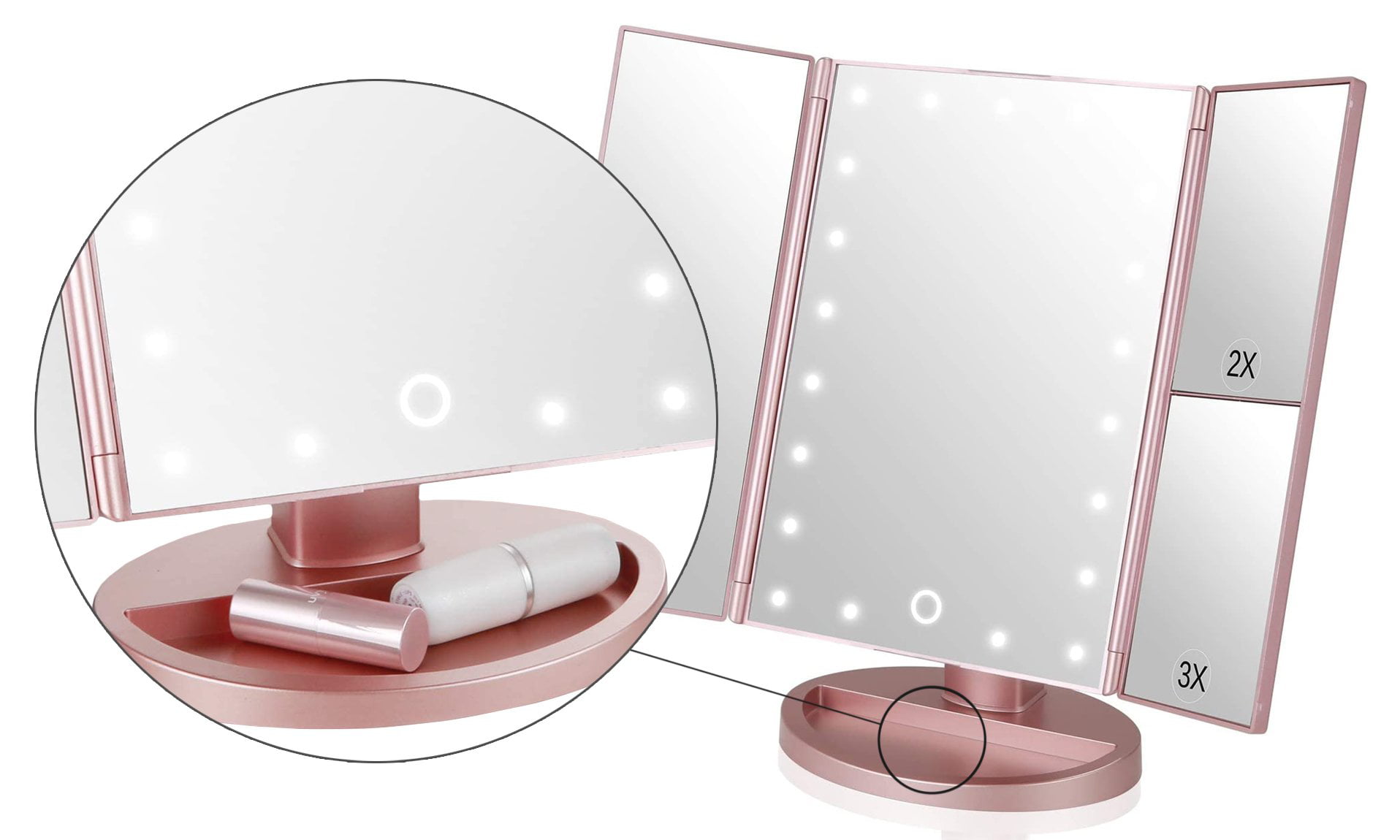 Makeup Vanity Mirror Magnifying with 21 LED Lights, Cosmetic Standing Table Mirror, 3X/2X Magnified Travel Foldaway Mirror, 180 Degree Rotation Rose Gold