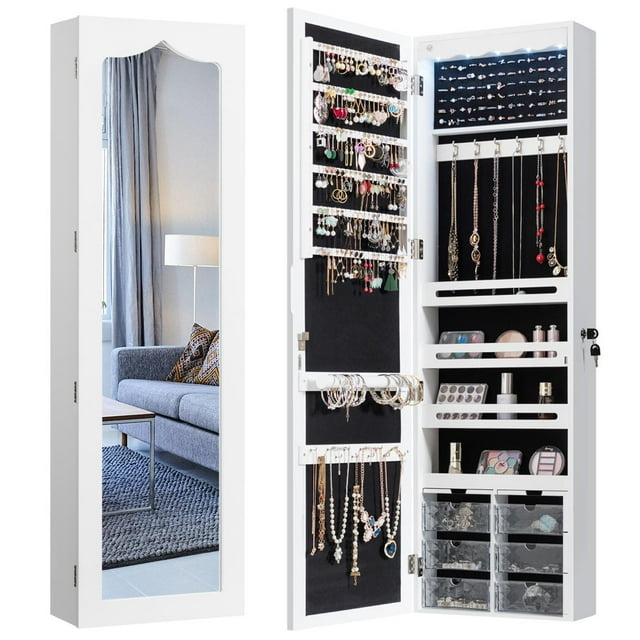 Giantex 5 LEDs Jewelry Armoire Wall Mounted/Door Hanging Mirror, Lockable Jewelry Cabinet with Full Length Mirror and 6 Drawers, Large Capacity Jewelry Organizer Storage Box for Women Girls (White)