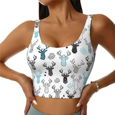 Fotbe Winter Art Blue and Black Moose Pattern Womens  Sports Bra Longline Wirefree Padded with Medium Support Sports Moisture-Wicking Workou Vest Tank Top-Large