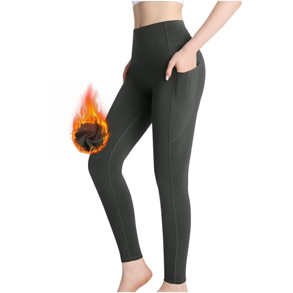 Eiyaclvo Fleece Lined Leggings Women with Pockets Warm Thermal Thick Tights High Waisted Yoga Pants Slim Fit Solid Workout Leggings with Pockets