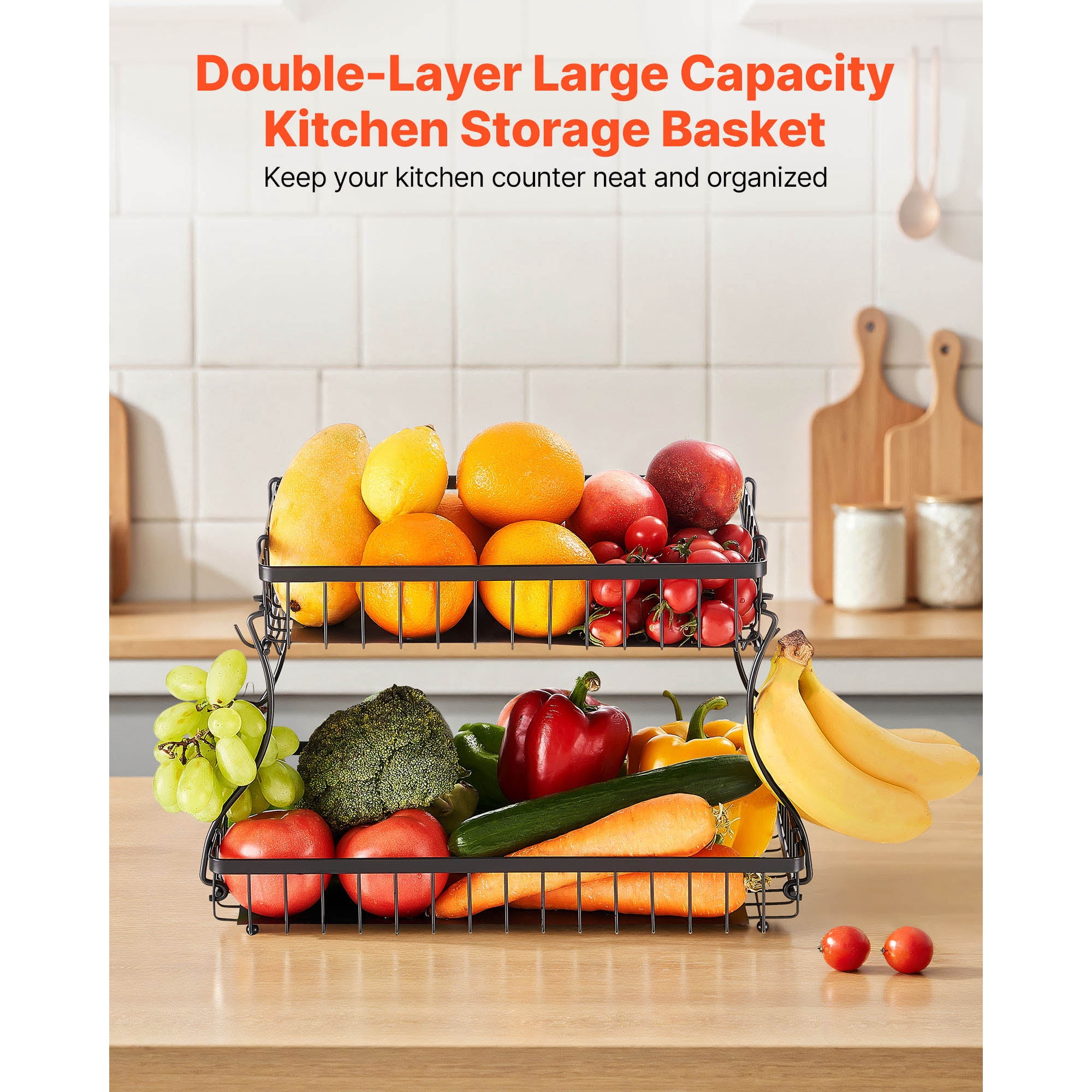KFFKFF 2-Tier Fruit Basket with Banana Hooks, Metal Wire Storage Organizer for Kitchen Counter, Detachable and Stackable Holder for Fruits, Vegetables, Bread, and Snacks, Black
