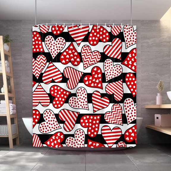 Valentine''s Day Shower Curtain, Red Heart with Black White Stripes Shower Curtain Set for Bathroom, Romance Love Theme Fabric Shower Curtain Restroom Bathtub Decor Accessories with Hooks 72X 72 inch