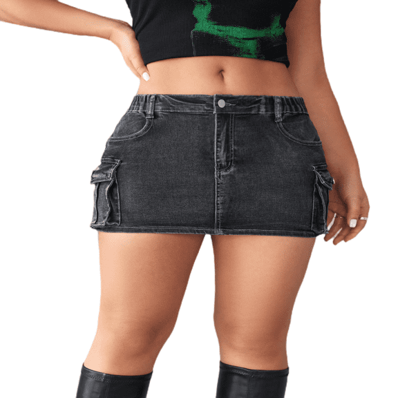 LYMAYTER Women Vintage Jean Skirt Summer Casual Short Skirt for S-2XL Slim Cargo Denim Skirt with Pockets