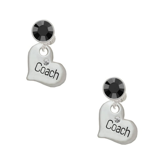 Delight Jewelry Silvertone Large ''Coach'' Heart Black Crystal Clip on Earrings