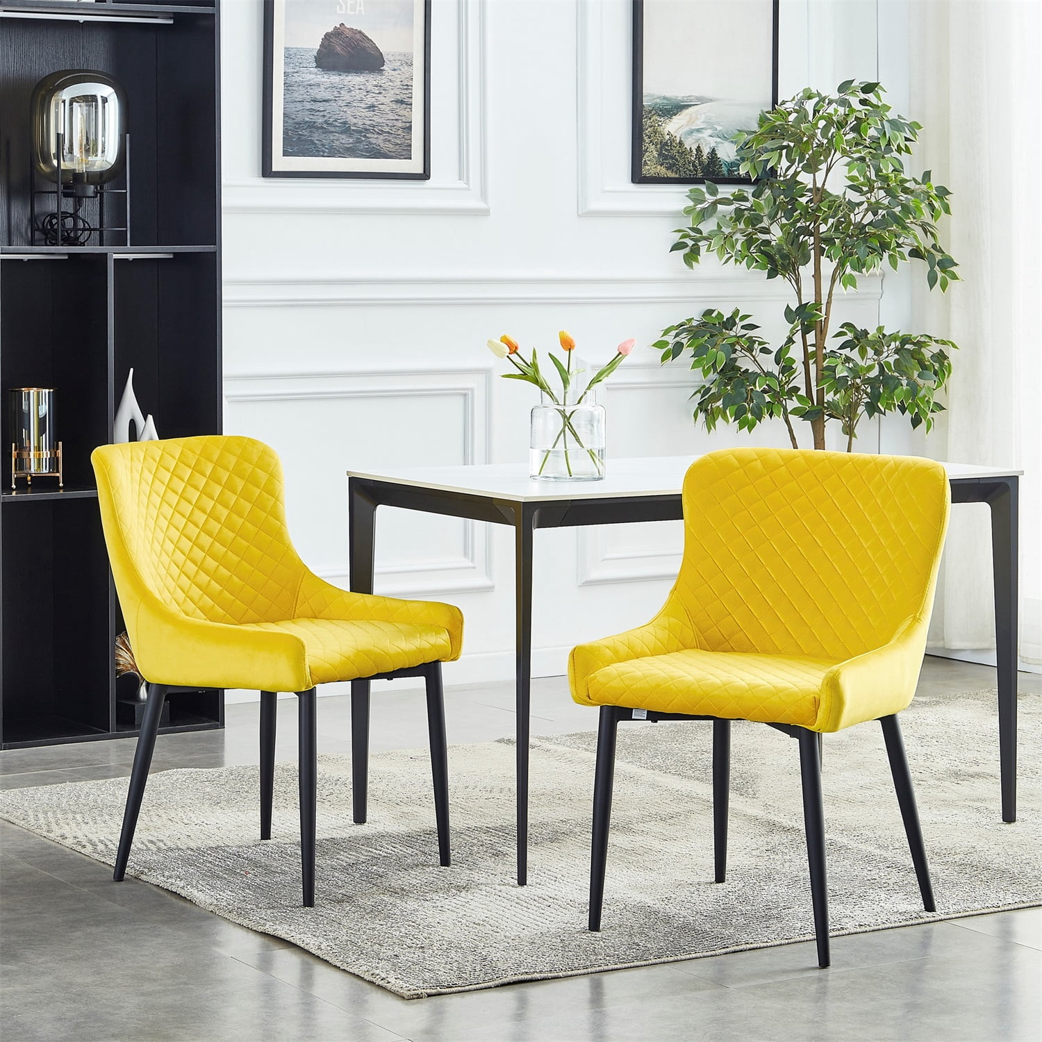 Kadyn Modern Dining Chair Set of 2, Upholstered Dining Side Chairs with Metal Tube Legs, Metal Dining Chair for Dining Room, Yellow