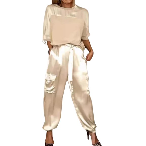 Quixlent 2 Pcs/Set Women Top Pants Suit Satin Smooth Surface Half Sleeves O Neck Loose T-shirt Lace-up Pure Color Trouser with Pockets Lady Casual Pantsuit