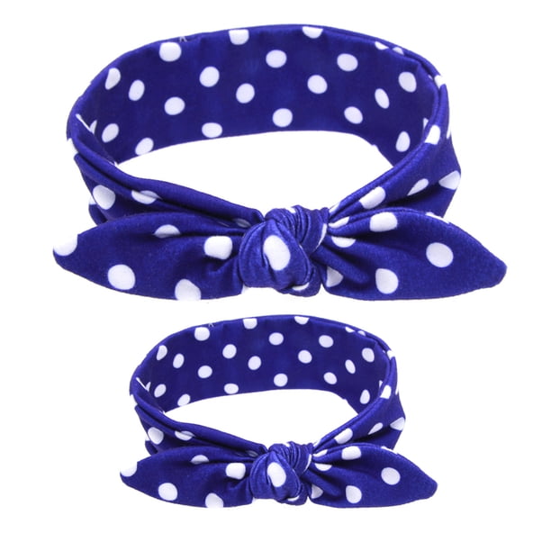 Turbante estampado para bebé, conjunto de diadema con orejas de conejo y accesorios para el cabello (lunares azul rey)