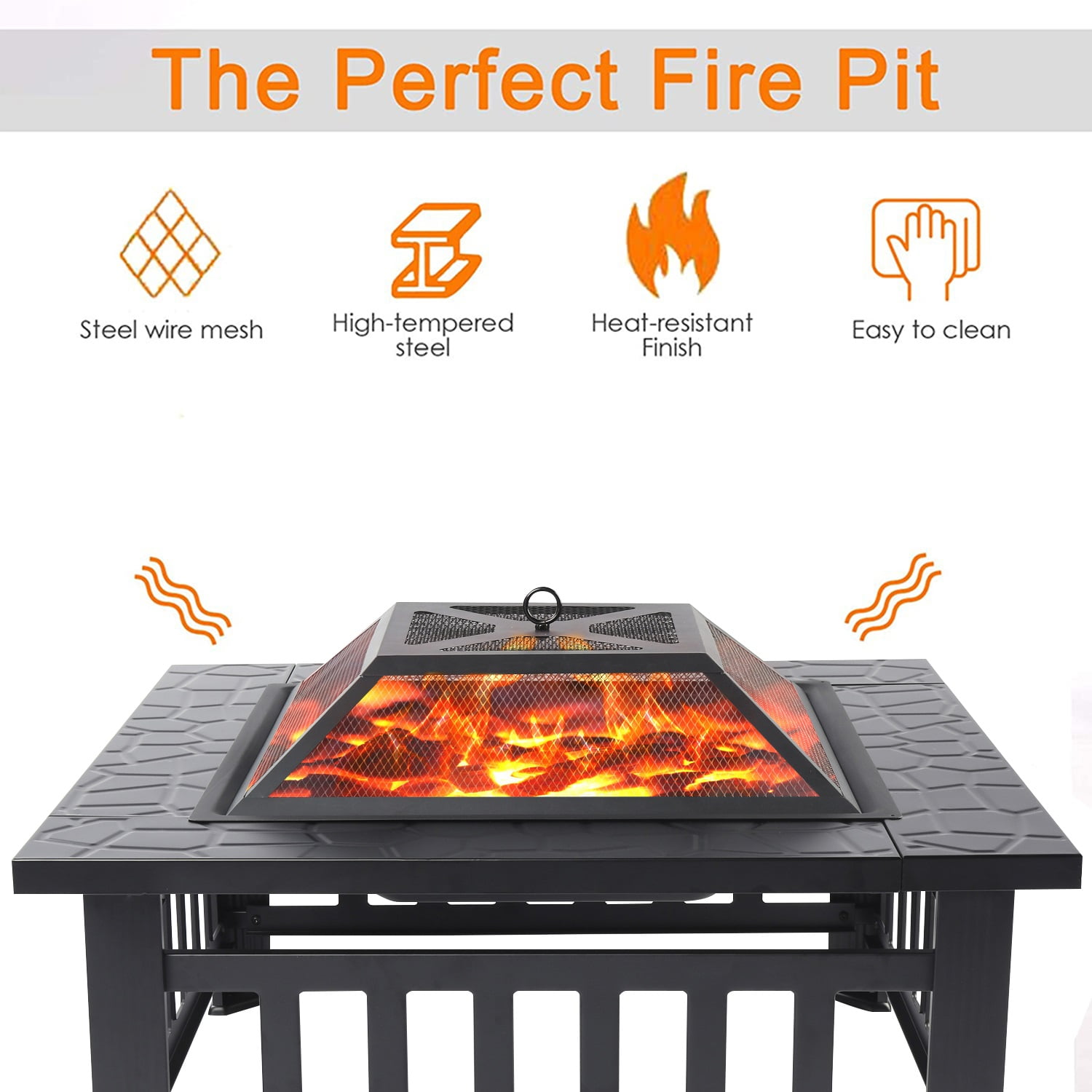 32" Deck Fire Pit for Outside, Premium Square Steel Fire Pit w/Mesh Screen Lid, Metal Fire Pit w/Poker, Multifunctional Heater/Grill/Ice Pit for Backyard Patio Garden BBQ Grill, S7044
