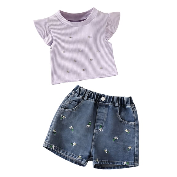Clothes Sets for Toddler Girls Girls Summer Outfits 2 Piece Sets Casual T-Shirt and Shorts Set Girl's Solid Color Knitted Top and Embroidered Denim Shorts Two-Piece Set for Kids(2-8 Years)