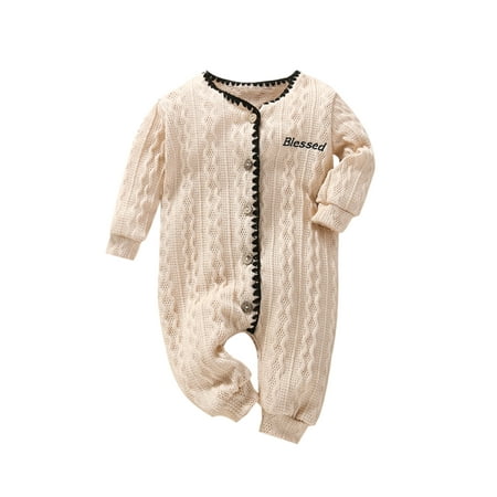 

Unisex Baby Romper Wave Pattern Knitted Letter Embroidered Long Sleeve Button Closed Warm Jumpsuit