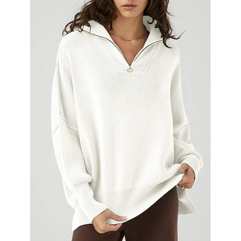 Women's 1/4 Zipper Sweatshirt Long Sleeve Oversized Slit Side Knit Pullover  Sweaters