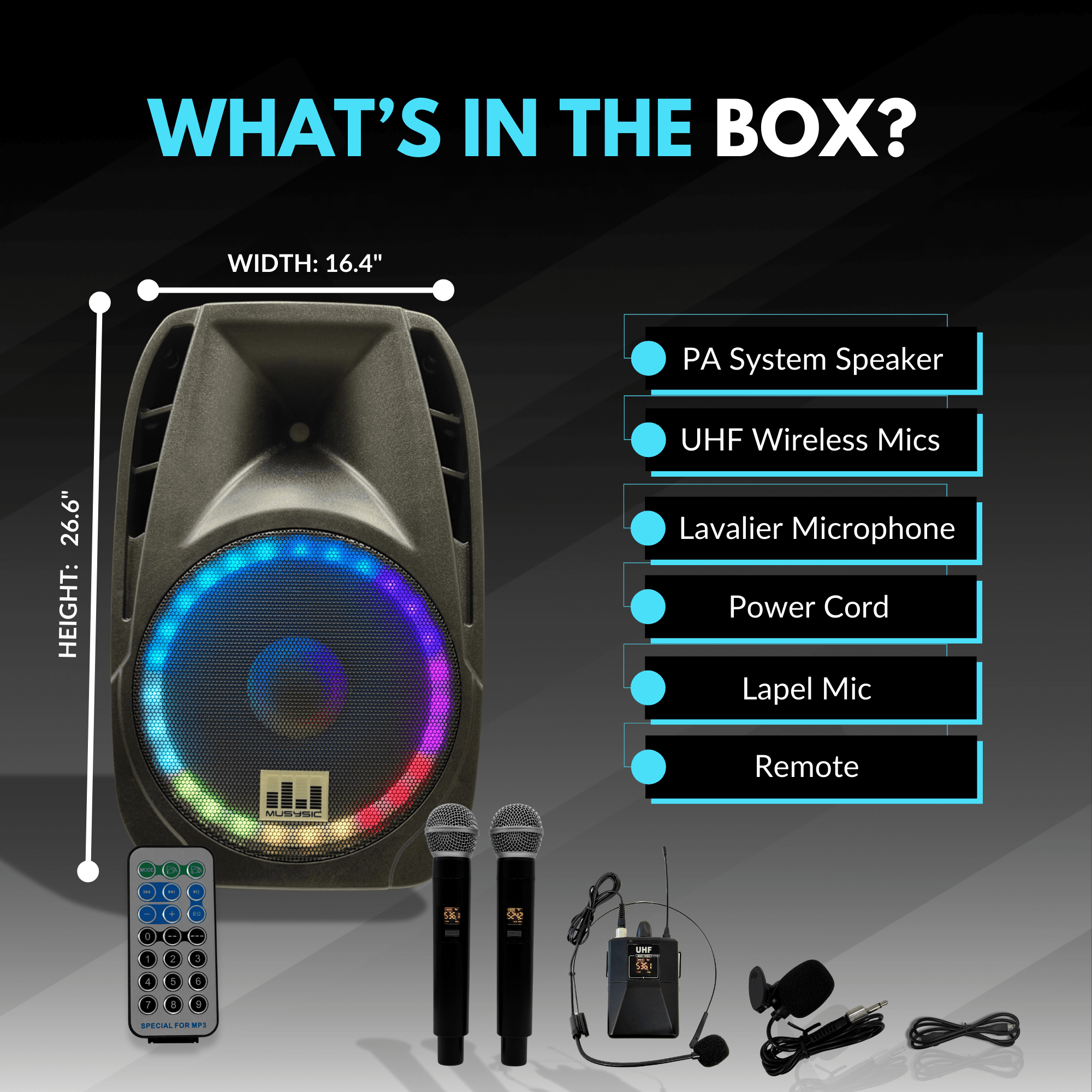 MUSYSIC MU‑U15PA Professional 15" Portable PA System – 2000W Peak, Dual UHF Wireless Microphones, Bluetooth, USB, FM Radio, Rechargeable Battery, Remote Control