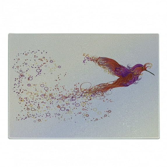 Bird Cutting Board, Creative Design Image of Flourish Hummingbird Feathers Circles Illustration, Decorative Tempered Glass Cutting and Serving Board, in 3 Sizes, by Ambesonne