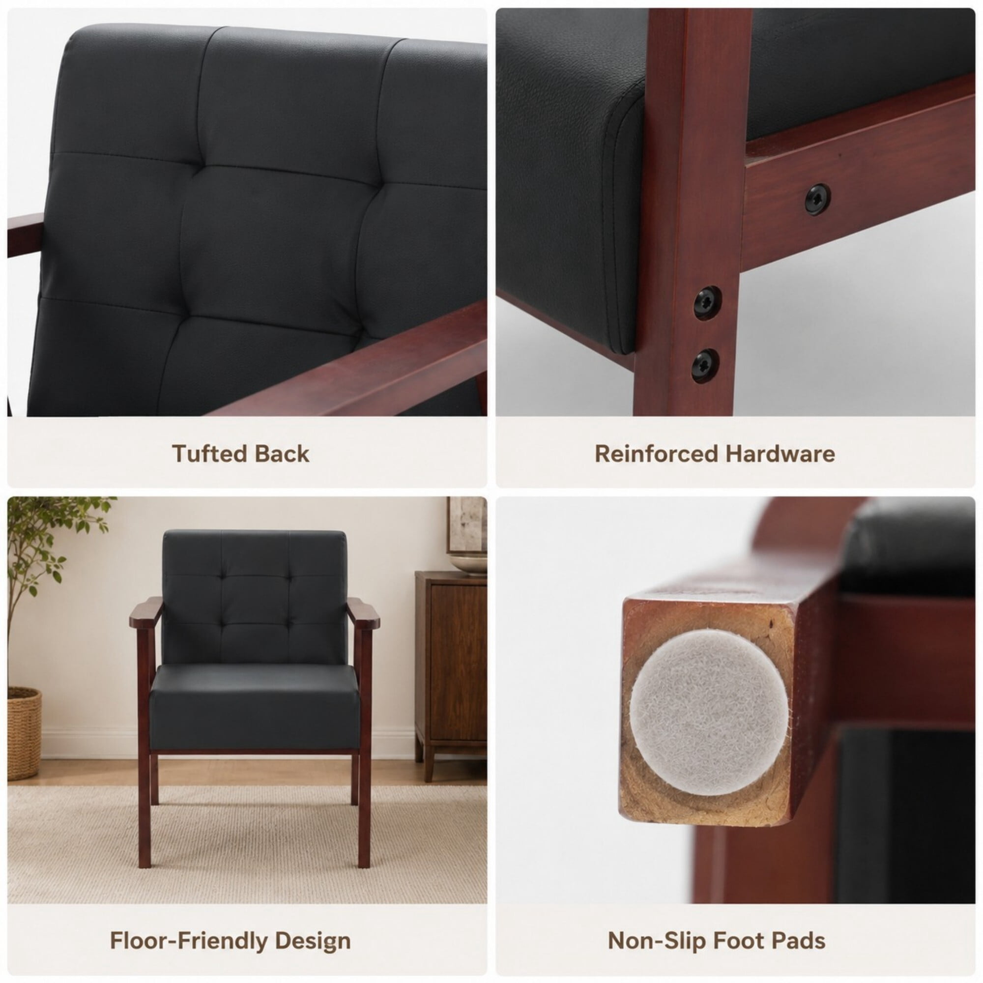 DEALTOPS Wood Accent Armchair, PU Upholstered Tufted Chair for Living Room Bedroom Office, Black