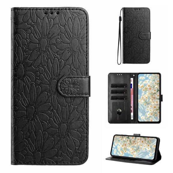 for Samsung Galaxy S25 Floral Embossed Wallet Case, Rugged PU Leather Phone Cover with 3 Card Slots & 1 Cash Pocket Wrist Strap Kickstand Shockproof Soft TPU Protective Girls Case, Black
