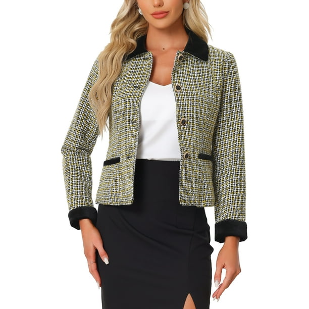 BLAZER DE TWEED A CUADROS DE VELVET CON COLLAR ELEGANTE PARA MUJERES CHIC M AMARILLO