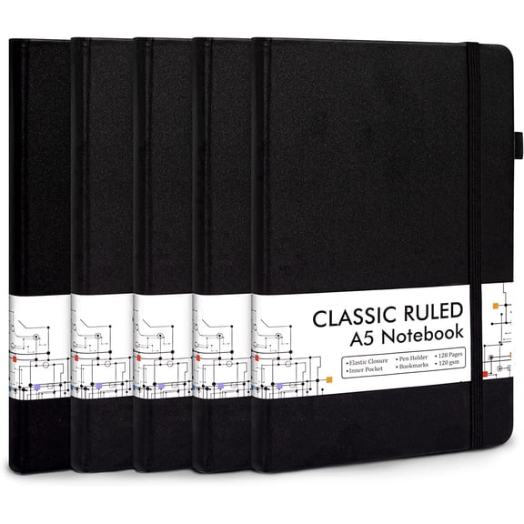 Feela Journal bulk pack, 5 Pack A5 Hardcover Ruled Notebooks with Pen Holder, 5 Black Pens, 120 GSM, 5.1"x 8.3", Black