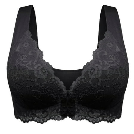 

harmtty Women Adjustable Front Open Solid Color Lace Bra Camisole Wireless Underwear Black 5XL