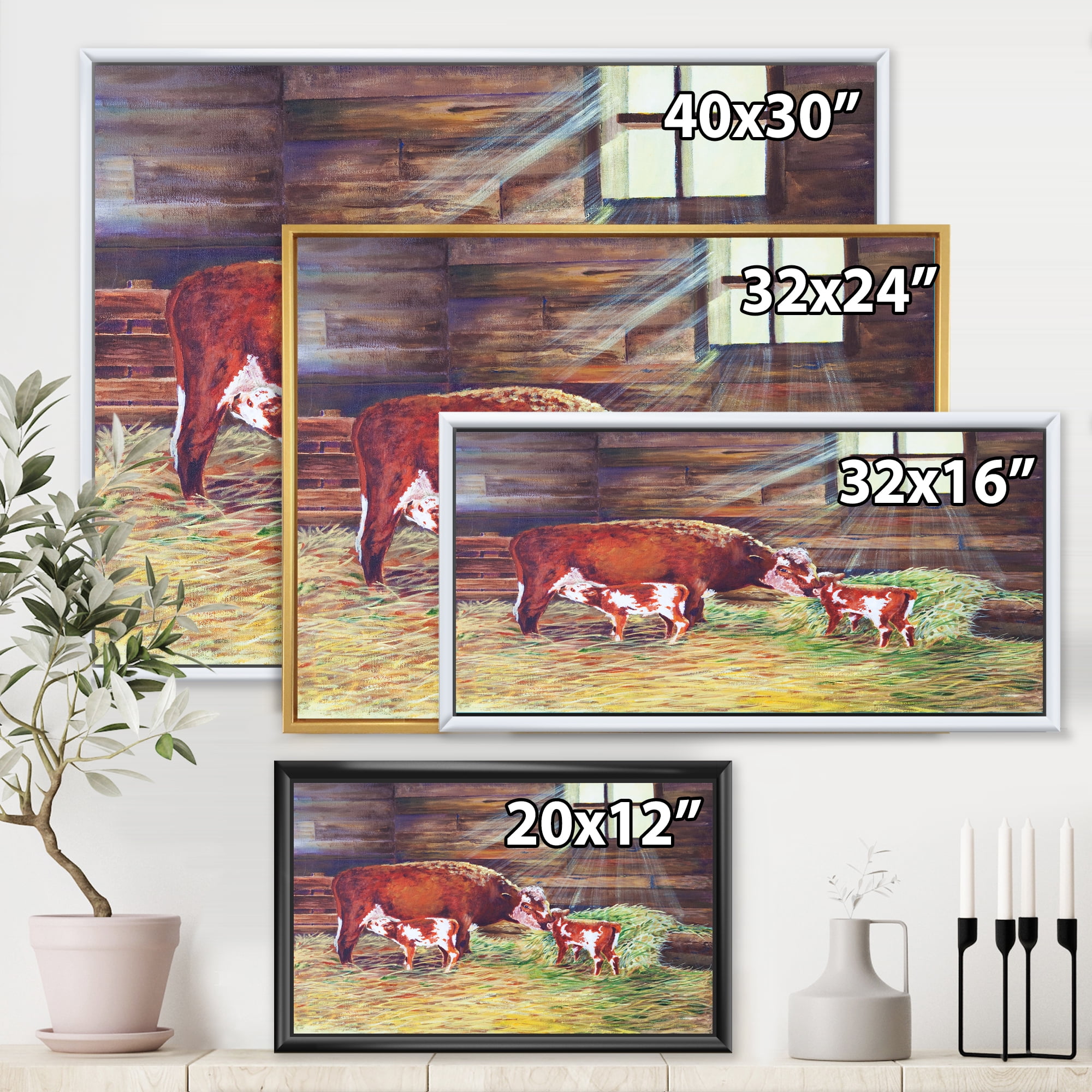 Designart 'Newborn Twin Calves With Cow At The Farm' Farmhouse Framed Canvas Wall Art Print