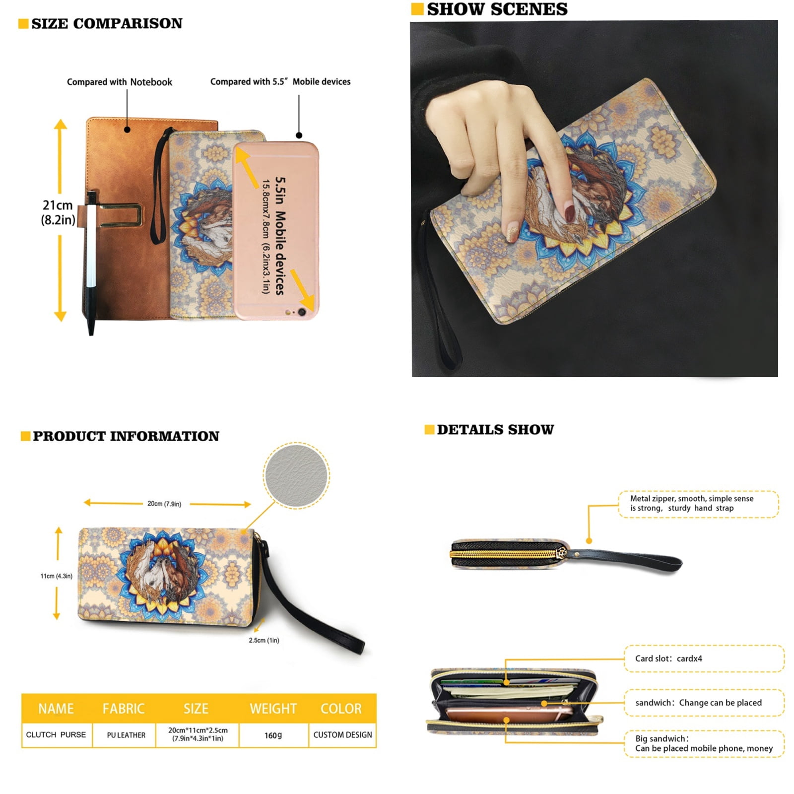 ZUXONGSY Boho Mandala Horse Print 2 Pieces PU Wallet Polyester Handbags Set Waterproof Shoulder Bag Top Handle Tote Bag Satchel Handbags Cash Wallet for Shopping Work