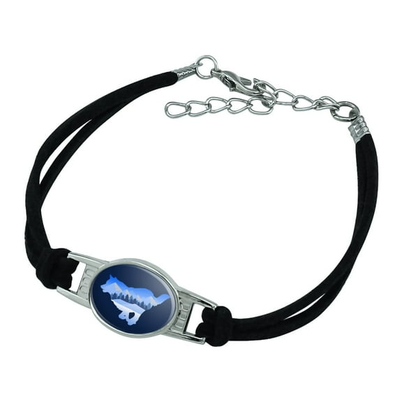 Wolf Silhouette Running Snow Scenery Novelty Suede Leather Metal Bracelet