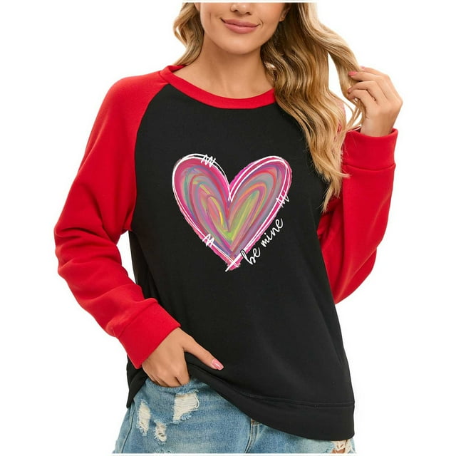 VALMASS Chandails Surdimensionnés de la Saint-Valentin pour Femmes Manches Raglan Col Rond Hauts Décontractés Amples Imprimés Blouses (S, Noir-I)