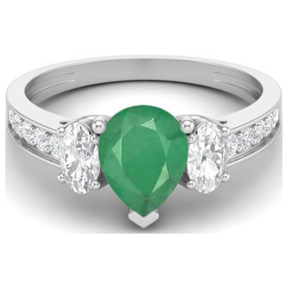 Mooneye 925 Sterling Silver 1.7 Cts Pear Emerald Three Stone Accent Women Valentines Day Gifts Ring