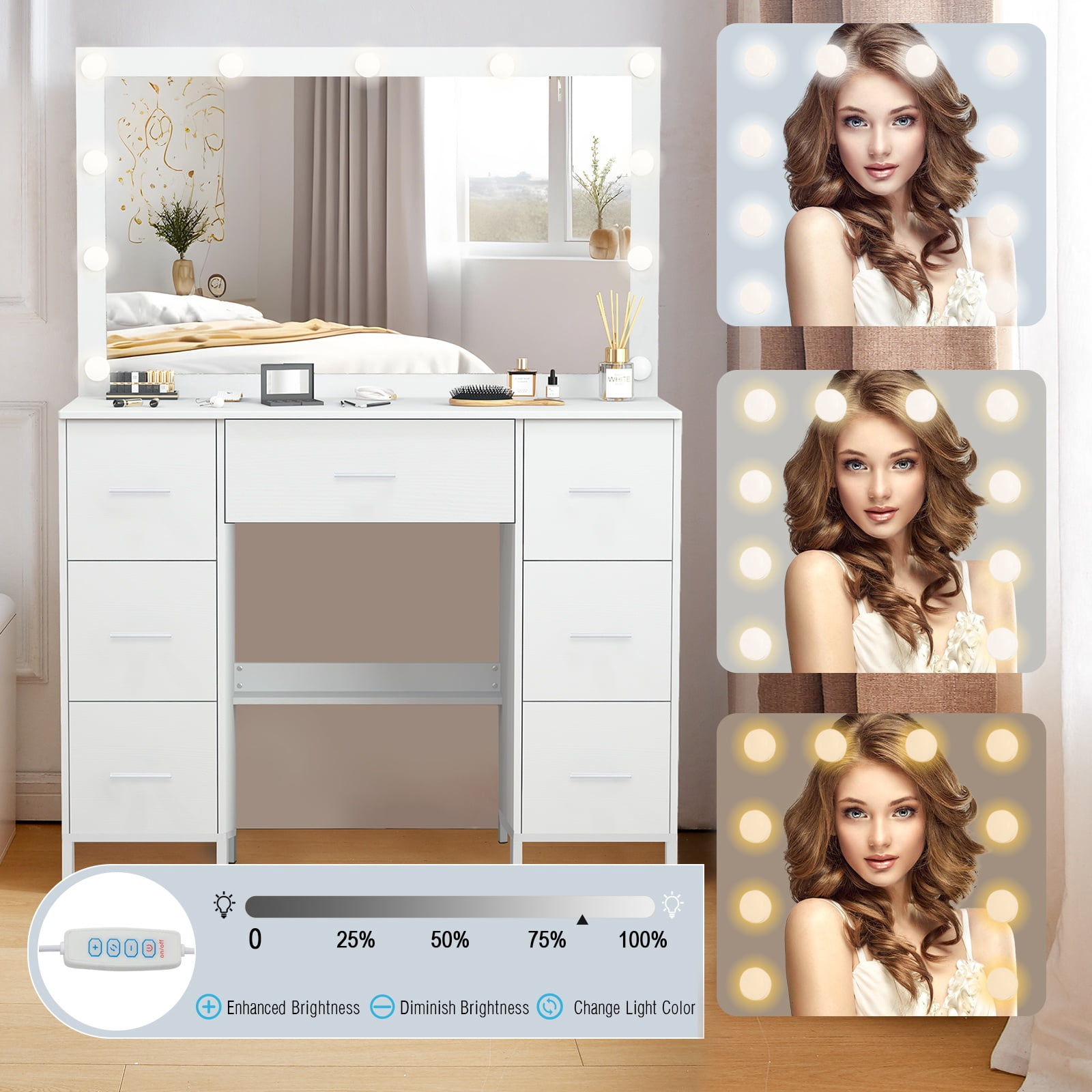 JBLCC Vanity Desk with Mirror and Lights, 7-Drawer Makeup Vanity Table with Hollywood Bulbs for Bedroom, Dressing Table for Women & Girls, White