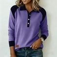 thumbnail image 2 of Lenpel Women's Corduroy Pullover Tops Long Sleeve Half Button Collared Color Block Causal Blouses Loose Lightweight Sweatshirts(Purple,Large), 2 of 6