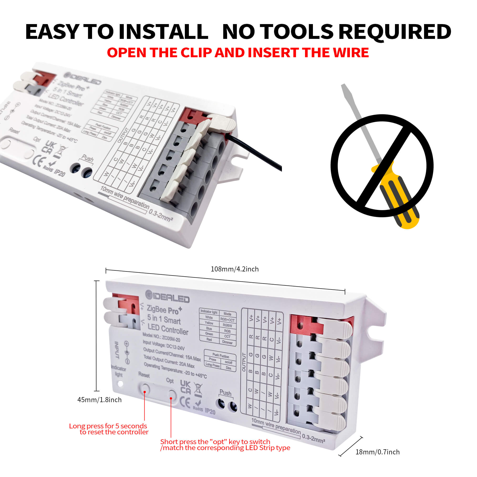GIDEALED Smart Zigbee LED Controller 5 in 1,Require ZigBee Hub Bridge for RGBWW RGBW COB CCT LED Strip Light Dimmable 1%~100%,Support Hub APP/Alexa Echo Plus Voice Control Color Changing
