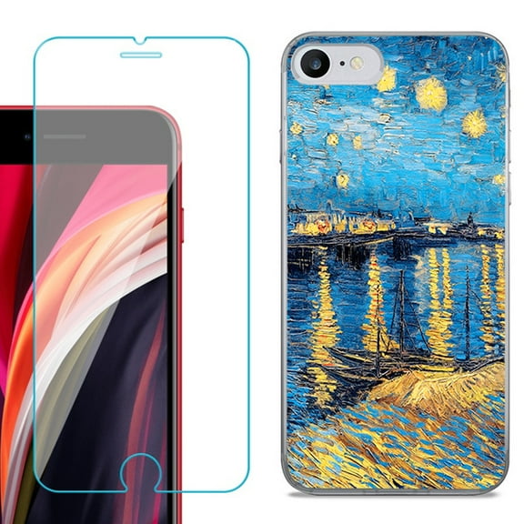 Slim-Fit Fashion Gel Phone Case for iPhone SE 2022, with Tempered Glass Screen Protector, by OneToughShield ® - Starry Night Rhone