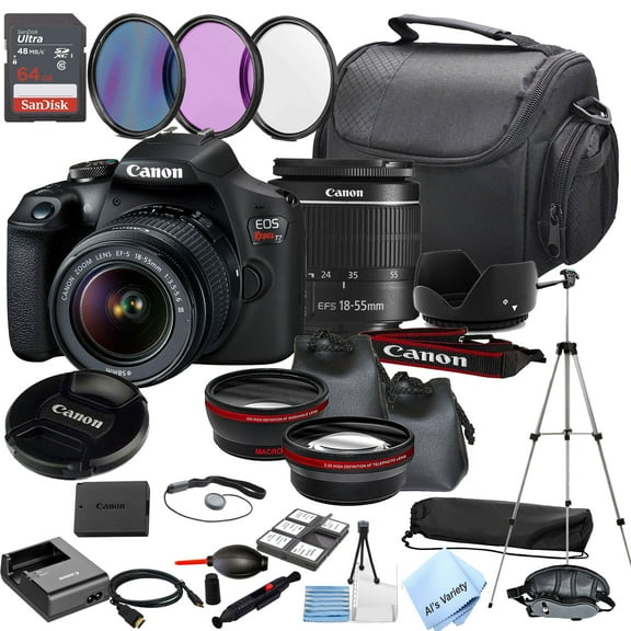 Canon EOS Rebel T7 DSLR Camera with 18-55mm Zoom Lens   64GB Memory   Lenses, Filters, Case,Tripod, and More30pc Bundle
