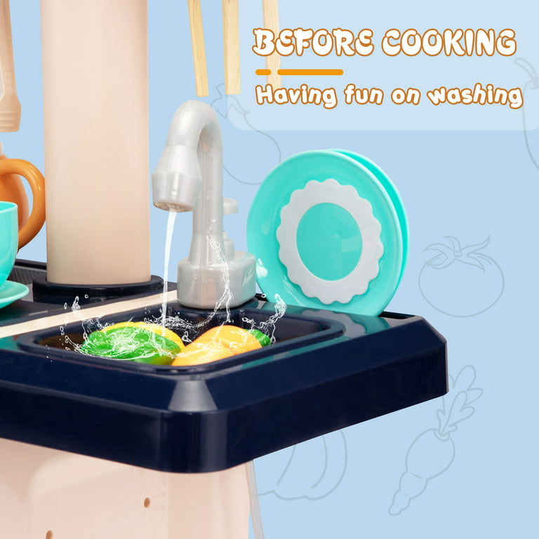 Tobbi Kids Kitchen Play Set with Lights, Sounds, Sink & Water Spray, 42  Piece Kitchen Accessories Pretend Playset for Boys & Girls, Toy Cookware  with Utensils 