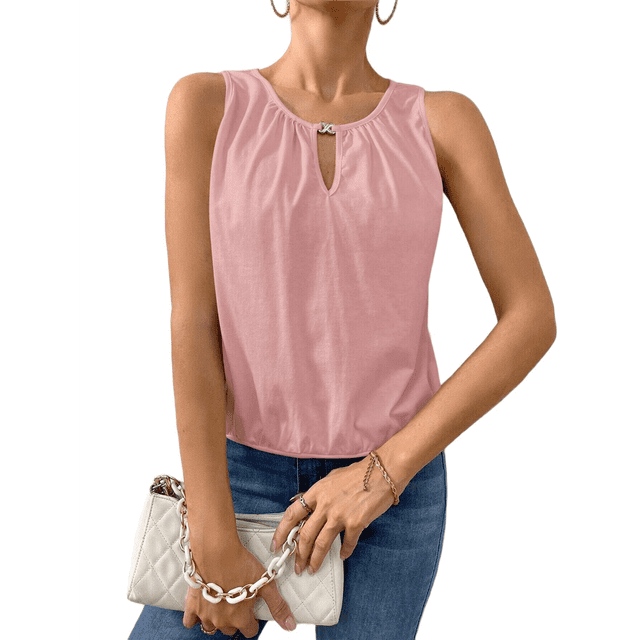 Chaleco de Moda con Cuello Redondo y Botones, Color Liso, Rosa, Talla L