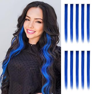 Black Blue Full Head Clip In Extension Amazon.com : EXTACIO 12pcs Clip in Blue Hair Mix tinsels,22  main image 2