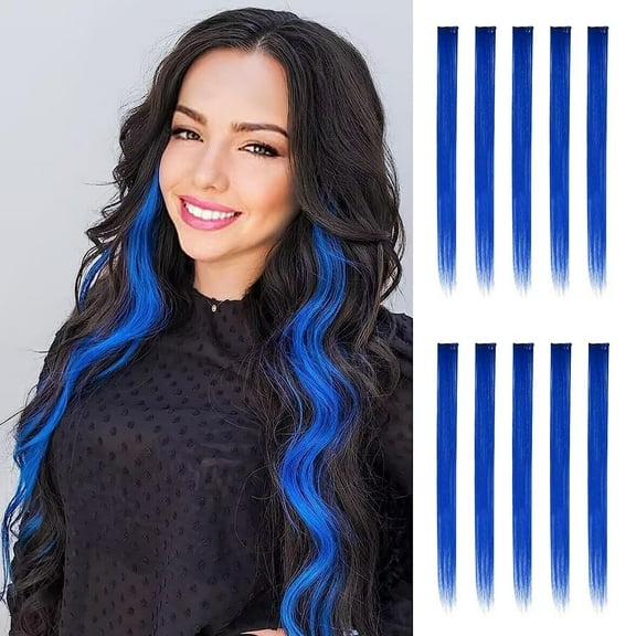 FESHFEN Colored Clip in Hair Extensions - 10 PCS Dark Blue Highlighted Hair Piece Straight Synthetic Clip in Hairpieces for Women 22 inch