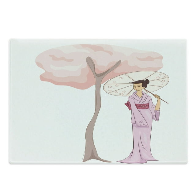 Umbrella Girl Cutting Board, Slim Woman in a Traditional Dress Beside a Cherry Blossom Tree, Decorative Tempered Glass Cutting and Serving Board, in 3 Sizes, by Ambesonne