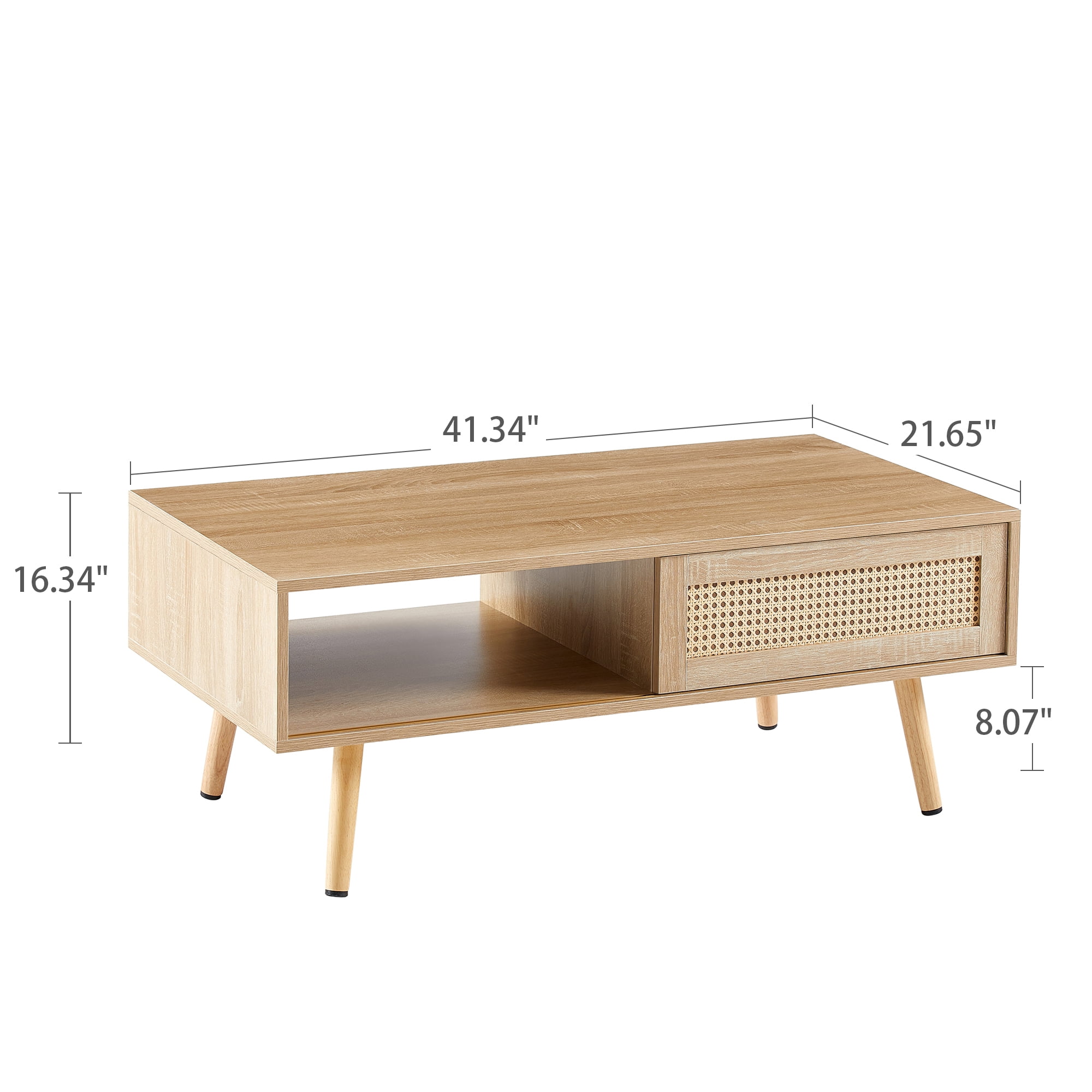 Coffee Table, Side Table, Console Table With Rattan Sliding Door Storage Solid Wood Legs Modern Design For Living Room Office, Natural MDF Table