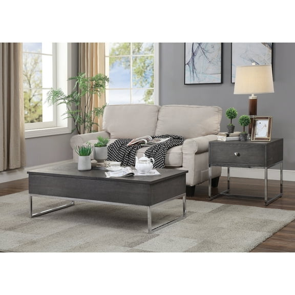 ACME Iban Coffee Table with Lift Top in Gray Oak and Chrome