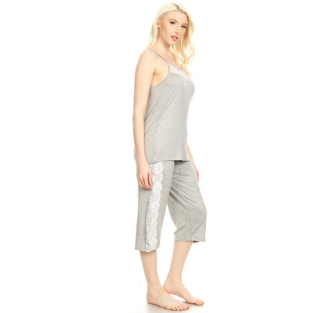- JVSET18C Womens Capri Set Sleepwear Pajamas Woman Sleeveless Sleep Nightshirt Gray L