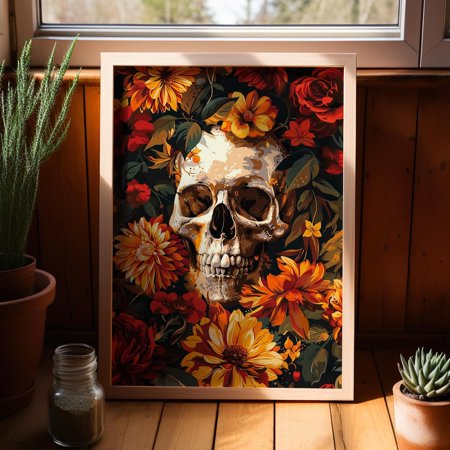 Floral Skull Gothic Wall Art, Dark Botanical Boho Decor, Unframed Paper Print Size 8x12