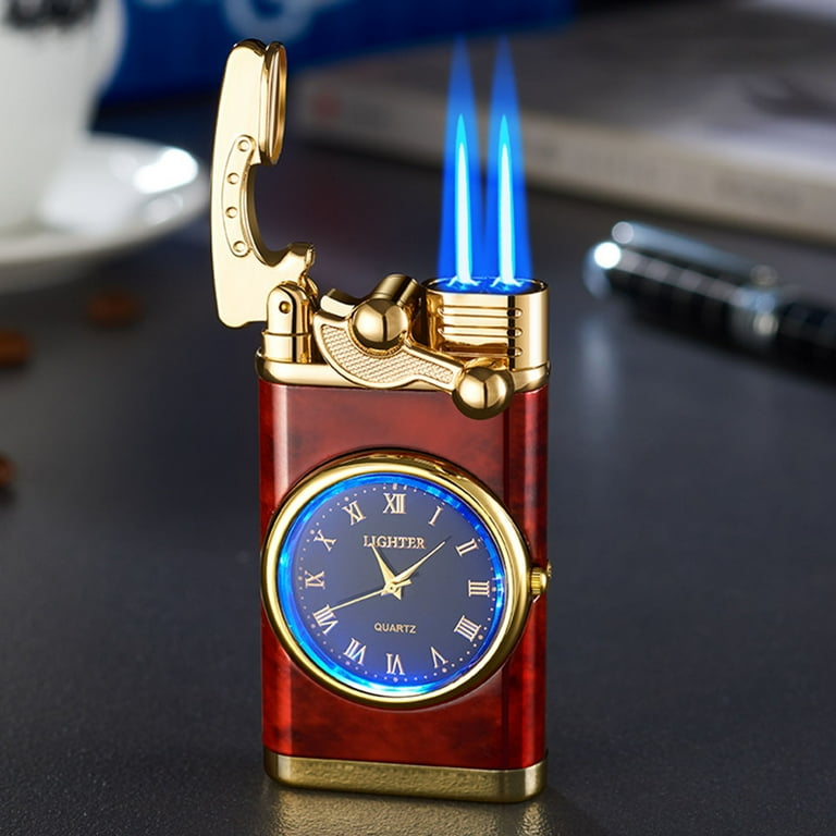 cigarette lighter metal QuLuJing Cigarette Lighter, Double Fire Switching Lighter with Quartz Watch  Metal Inflatable Windproof Blue Flame Lighter Fashion Gift