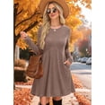thumbnail image 3 of Long Sleeve Dress for Women Crew Neck Waist Tunic Dress with Pockets Khaki S, 3 of 4