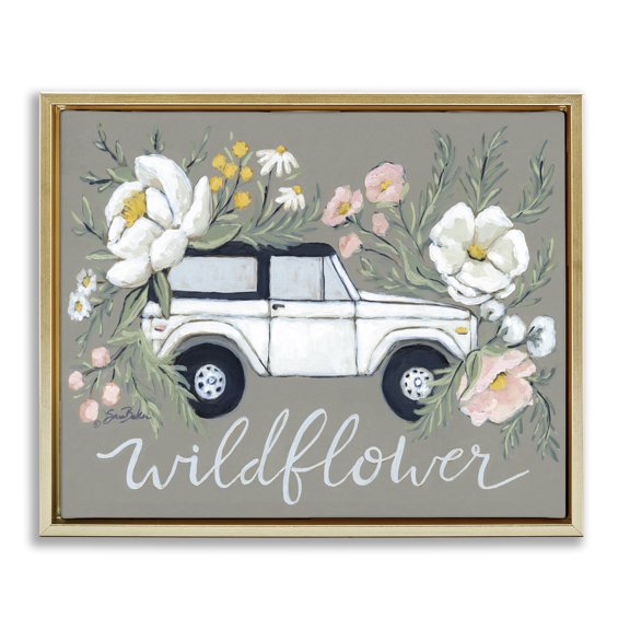 Stupell Industries Cottage Wildflower Phrase Floral Car Gold Floating Frame Canvas Art, 31 x 25, by Sara Baker