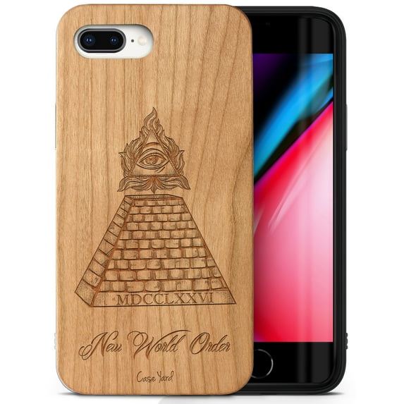 Case Yard Wooden Case Outside Soft TPU Silicone, Slim Fit Shockproof Wood Protective Phone Cover for Girls Boys Men and Women, Supports Wireless Charging New World Order Design case for iPhone-8-Plus